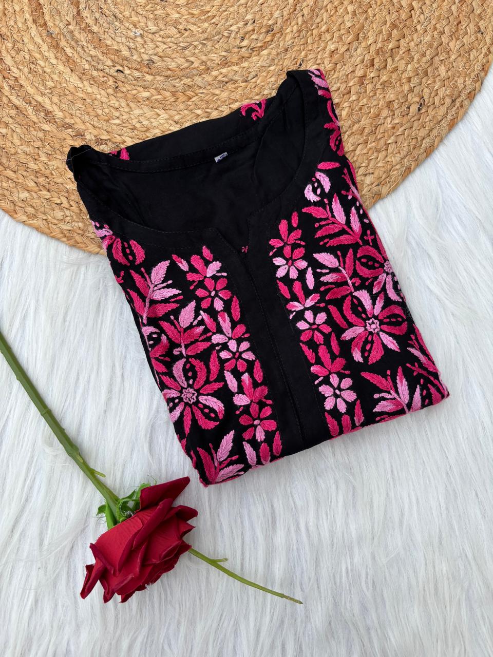Shefrin Soft Rayon Lucknowi Handwork Chikankari Kurti - Pink Colour