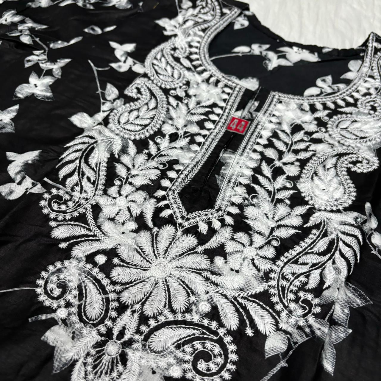 Mulmul Cotton Chikankari Machine Work Kurti -Black Colour