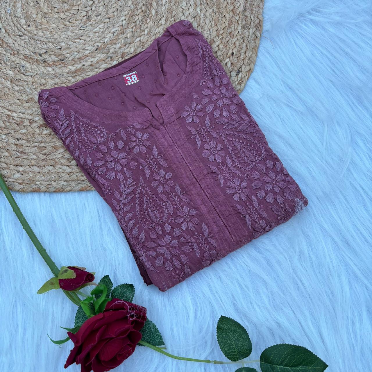 Tamanna Ombre Shaded Dobby Cotton Chikankari Kurti - Brown Colour