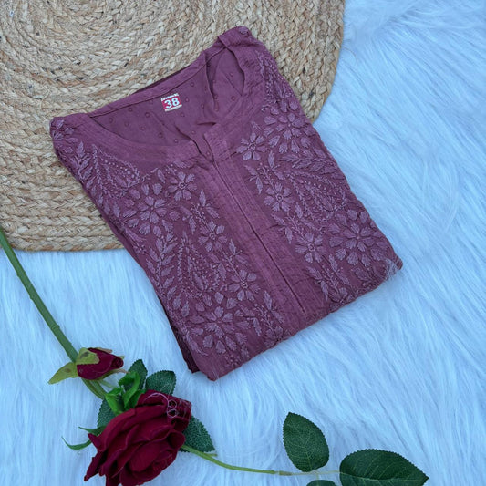 Tamanna Ombre Shaded Dobby Cotton Chikankari Kurti - Brown Colour