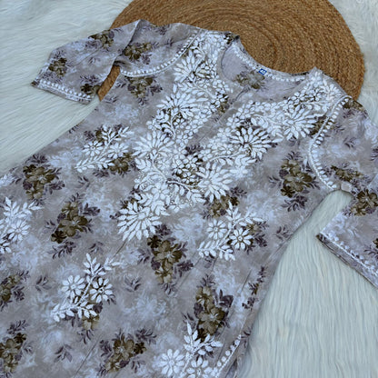 Fawziya Pure Mulmul Chikankari  Handwork Kurti - Brown Colour