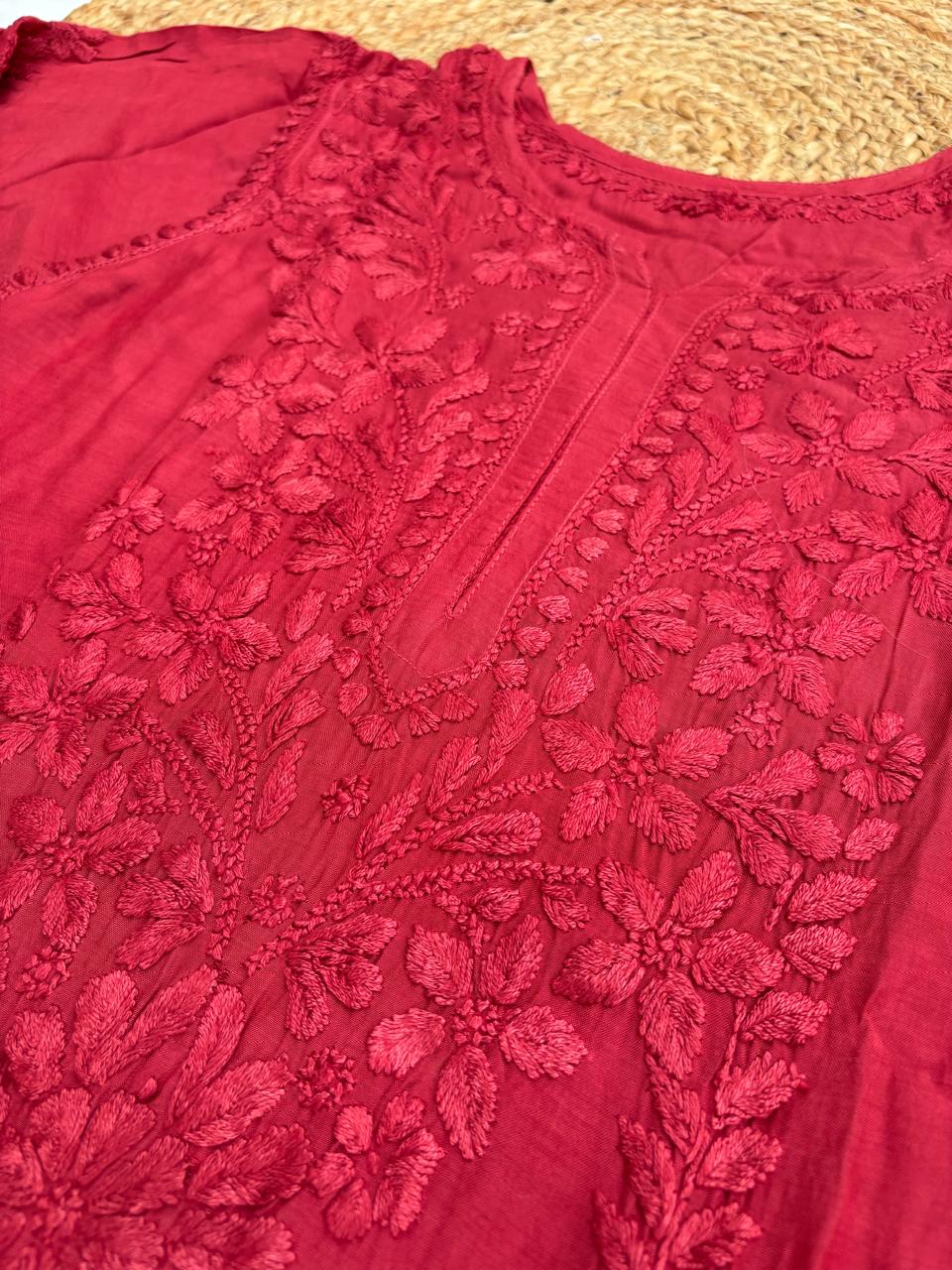 Nadia Muslin Lucknowi Chikankari Kurti Pant Set -  Brick Red Color