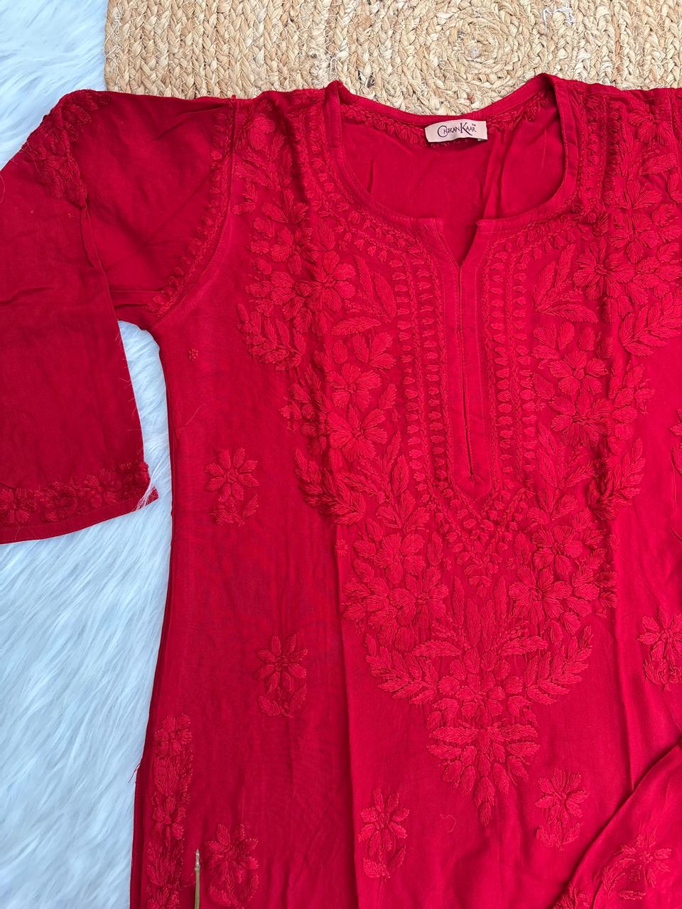 Azra Soft Rayon Dyeable Handwork Chikankari kurti Set - Red Colour