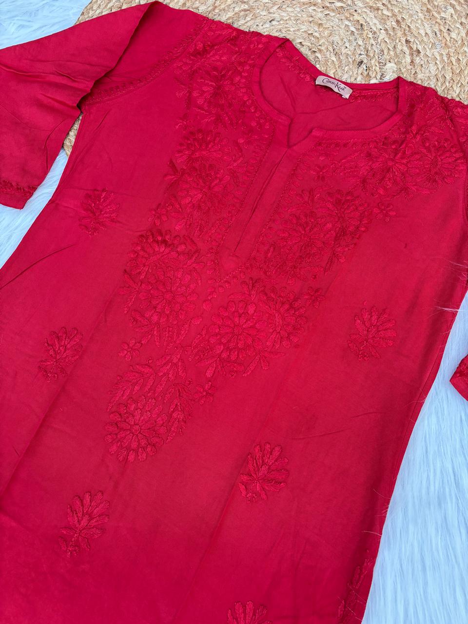 Rabab Dyeable Soft Rayon Handwork Chikankari Kurti -Red Colour