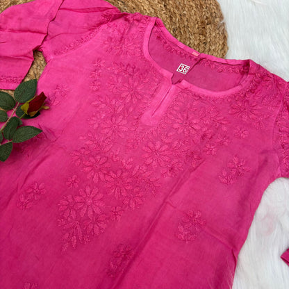 Sofia Ombre Shaded Soft Rayon Chikankari Short Kurti - Dark Pink Colour - Chikankaar