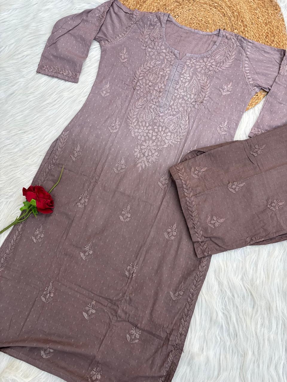 Nuha Dobby cotton Ombre shaded Lucknowi Chikankari Kurti Plazo Set - Light Brown Colour