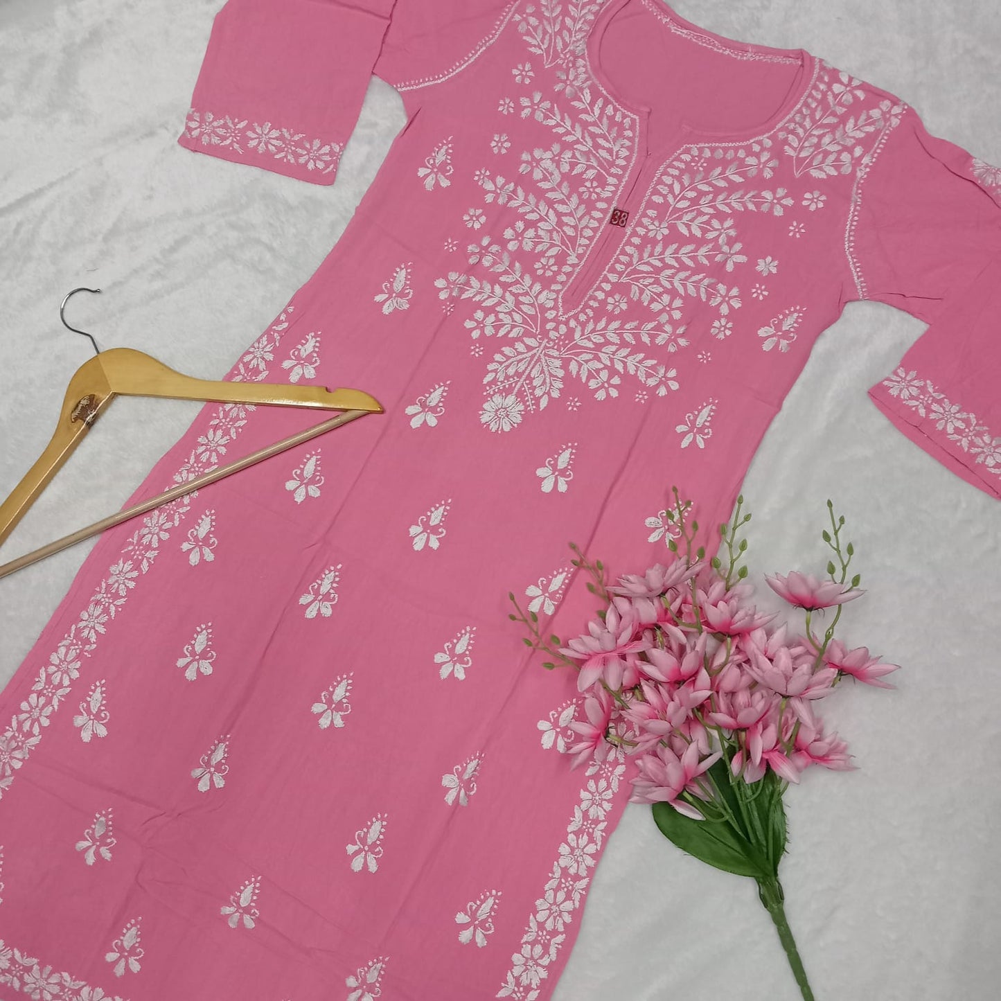 Soft Rayon Chikankari Ghaspatti Work Kurti Pink  -Colour