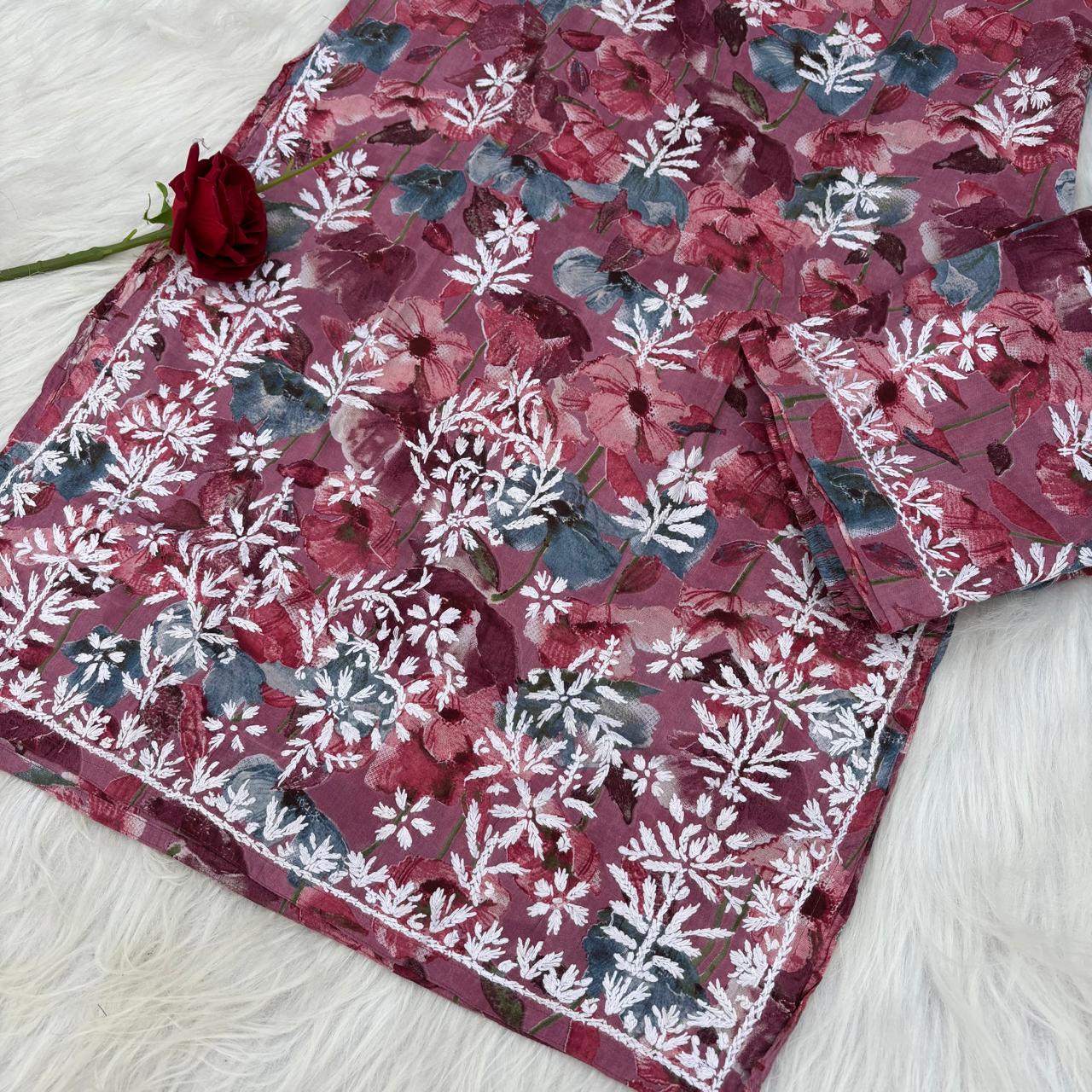 Jameela Mulmul Cotton Chikankari Kurti Set - Mauve Colour