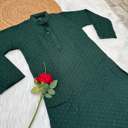 Ayaan Mens Cotton Chikankari Kurta - Dark Green colour