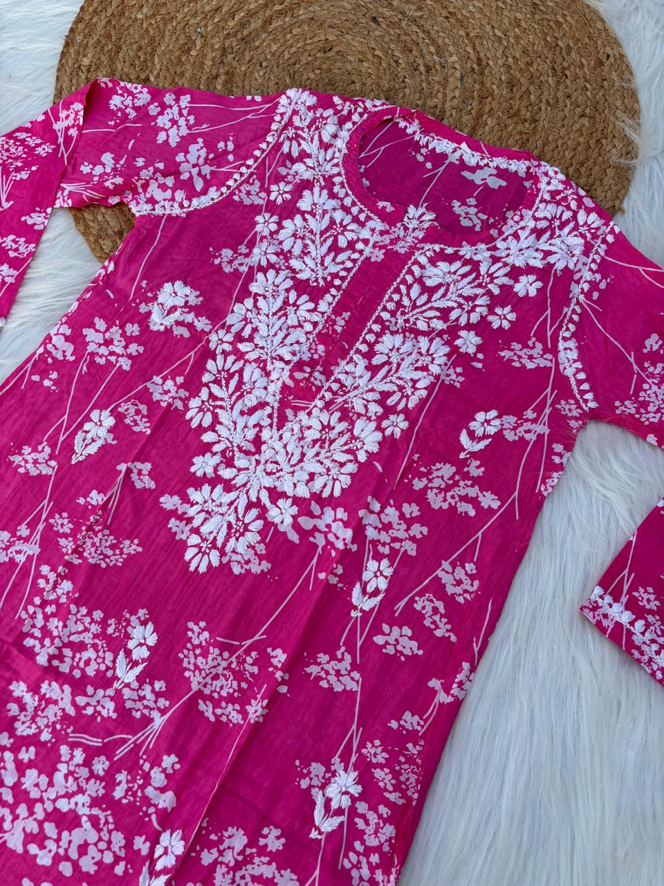 Sidra Pure Mulmul Chikankari Handwork Kurti - Pink Colour