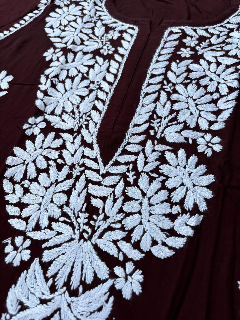 Hiba Soft Rayon Handwork Chikankari Kurti - Brown Colour