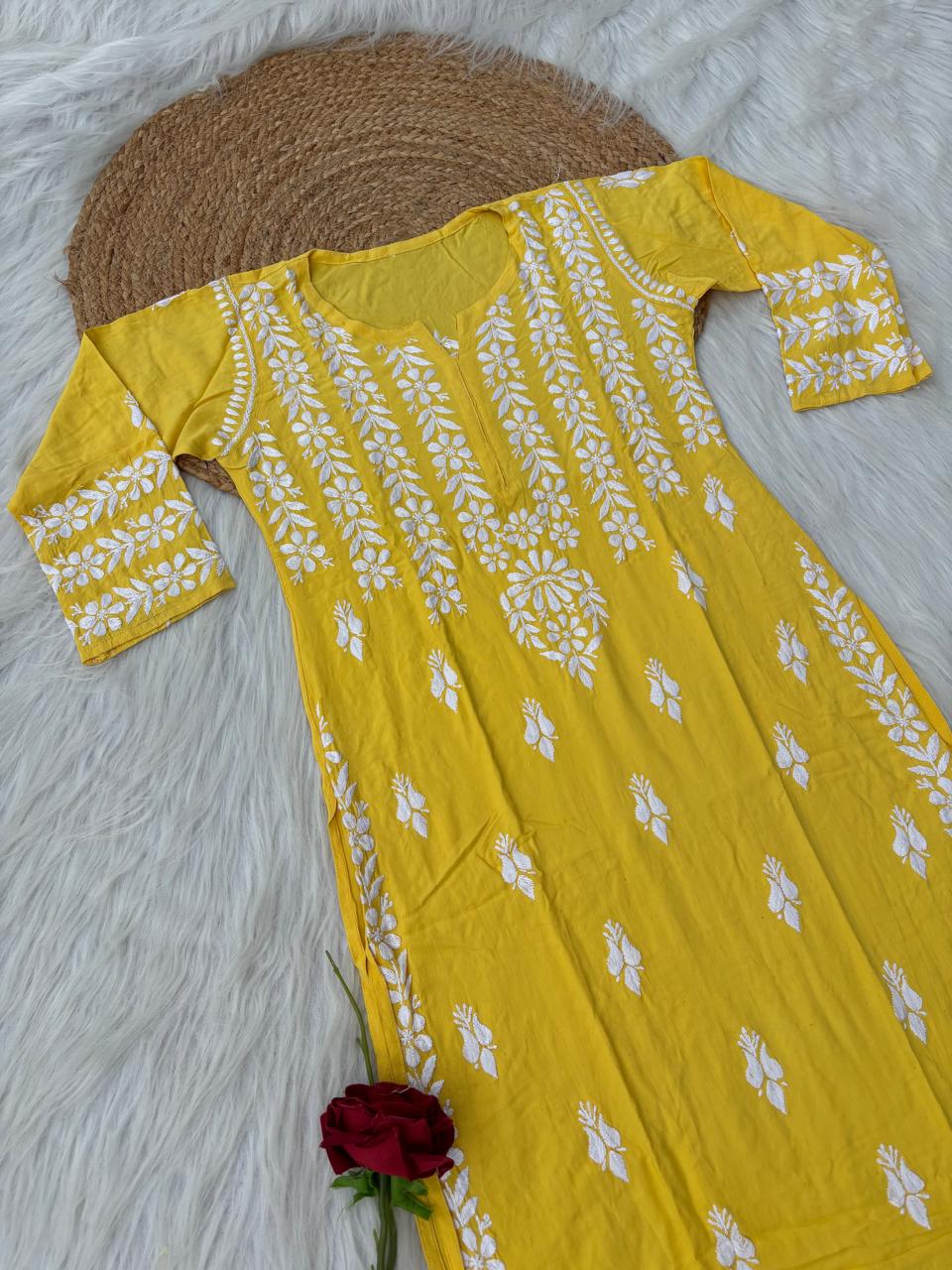 Zoobia Soft Rayon Handwork Chikankari Kurti - Yellow Colour