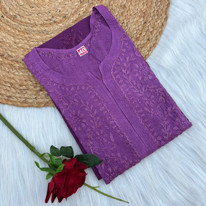Tuba Ombre Shaded Dobby Cotton Chikankari Kurti - Wine Colour