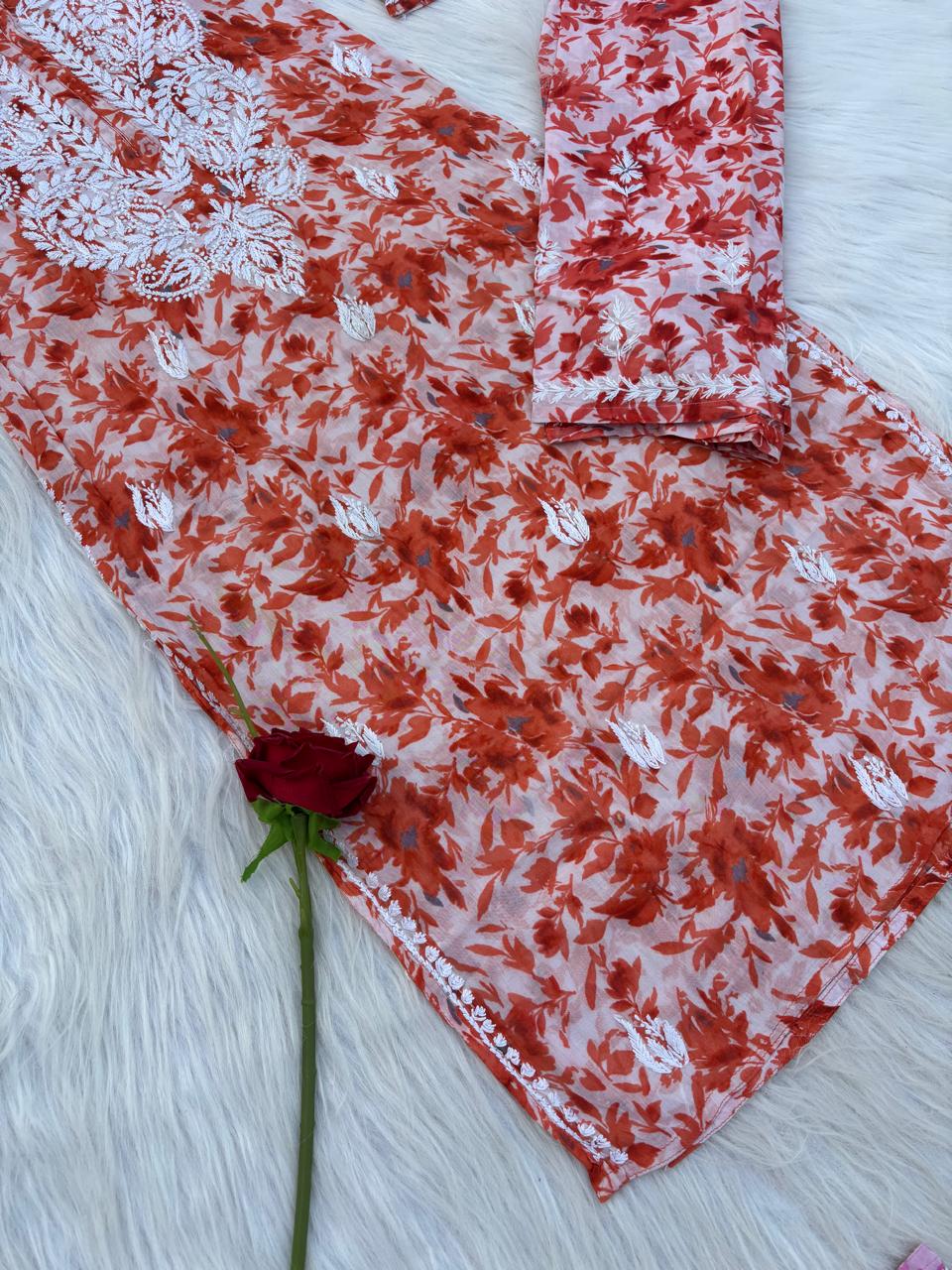 Hadaya Mulmul Cotton Chikankari Kurti Set - Orange Colour