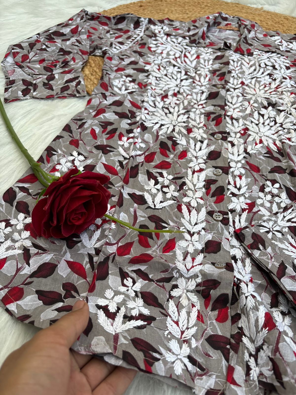 Mulmul Cotton Lucknowi Chikankari Coord Set - Cream Colour