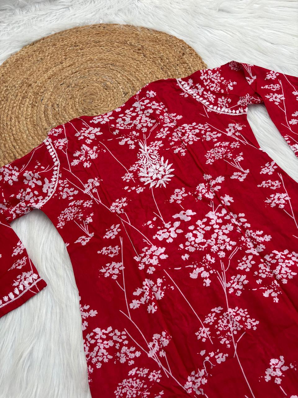 Jiya Mulmul Cotton Handwork Chikankari Kurti Set - Red Colour