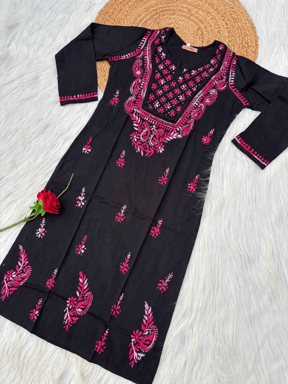 Maryam Handwork Cotton Lucknowi Chikankari Kurti - Pink Colour