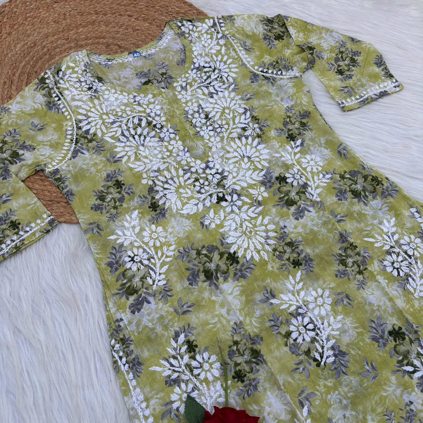 Fawziya Pure Mulmul Chikankari  Handwork Kurti - Pista Green Colour