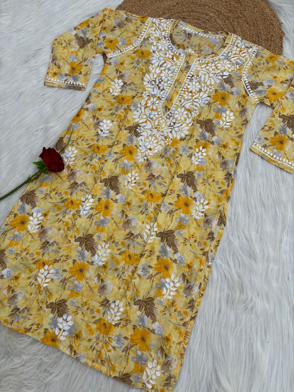 Alina Pure Mulmul Chikankari Handwork Kurti - Yellow Colour
