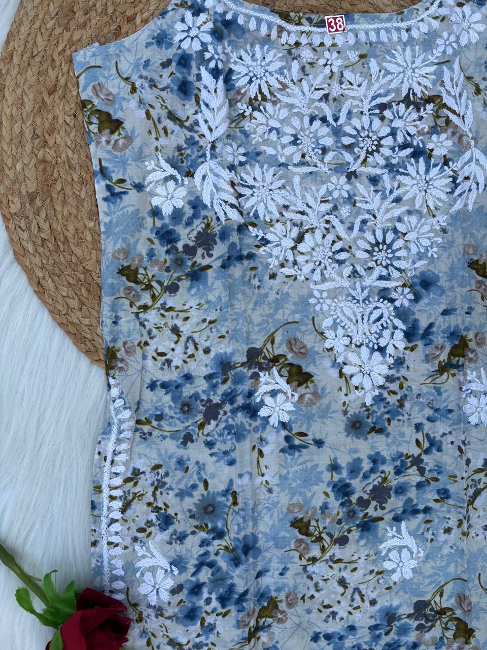 Hana Mulmul Chikankari Noodle Strap Short Kurti - Blue colour (Length - 38")