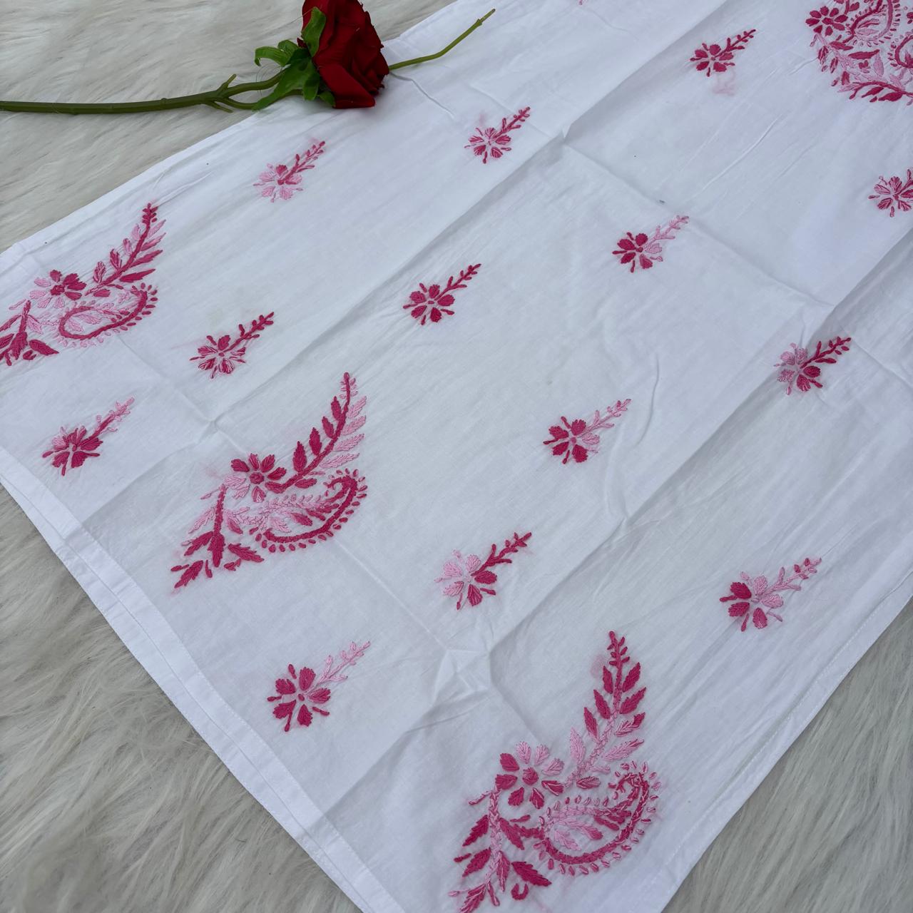 Zoya Cotton Lucknowi Chikankari Kurti - White Pink Color