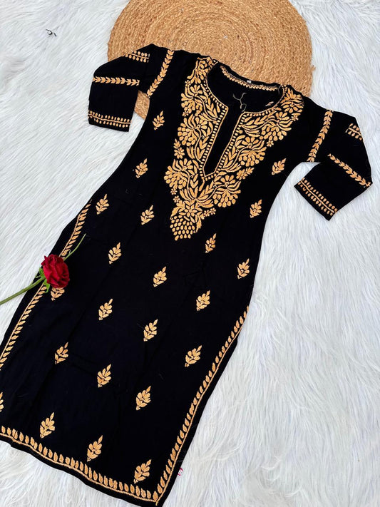 Shifa Soft Rayon Lucknowi Chikankari Kurti - Black Yellow Color