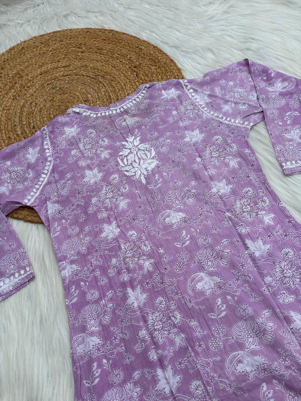 Sameera Pure Mulmul Chikankari Handwork Kurti - Lavender Colour