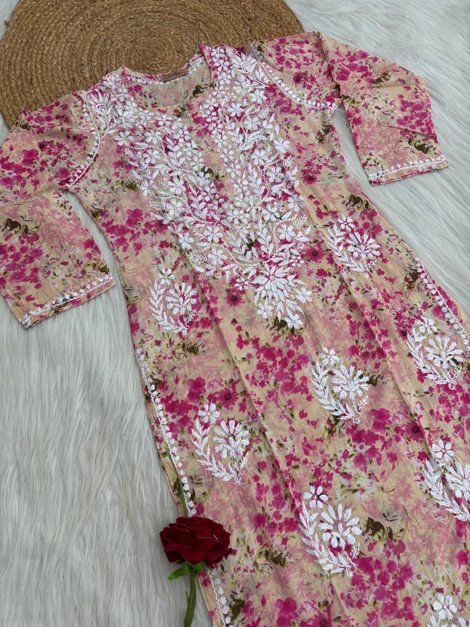 Fatima Pure Mulmul Chikankari  Handwork Kurti - Pink Colour
