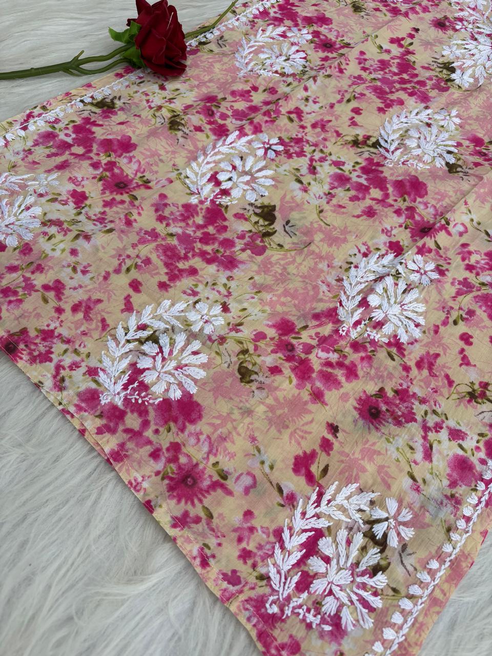 Fatima Pure Mulmul Chikankari  Handwork Kurti - Pink Colour