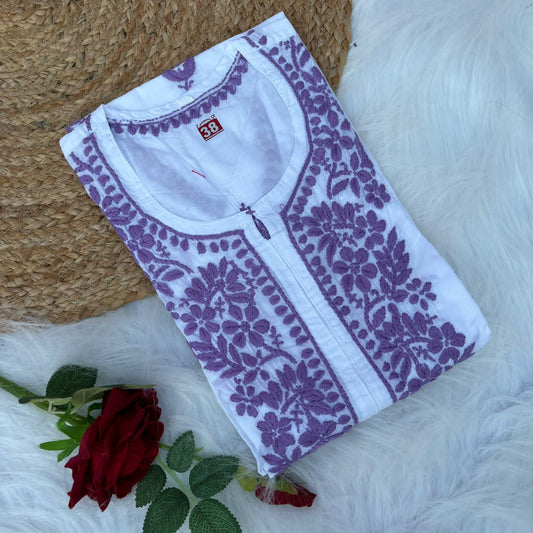 Shazana Pure Cotton Chikankari Kurti - Purple Colour