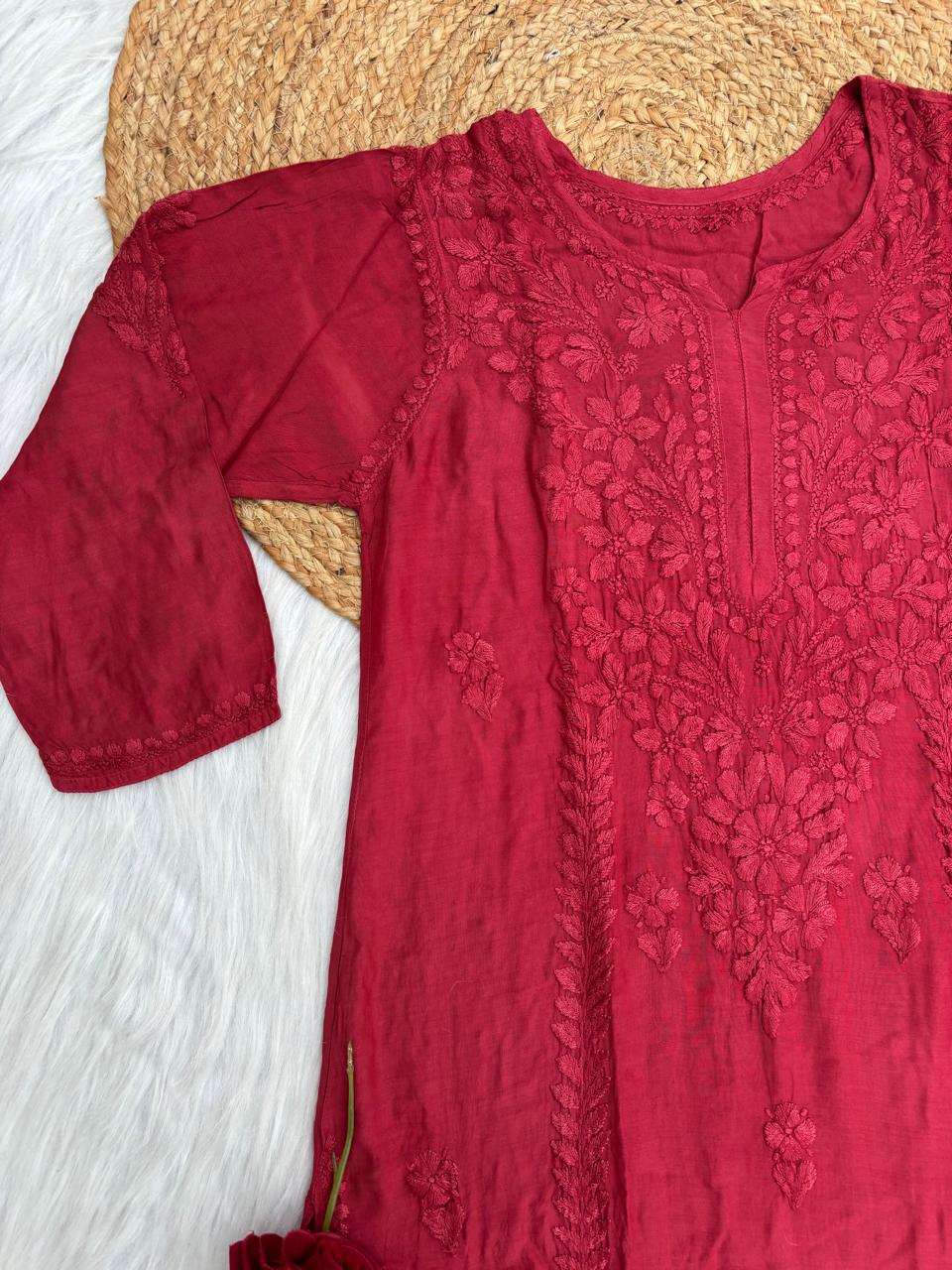 Nadia Muslin Lucknowi Chikankari Kurti Pant Set -  Brick Red Color