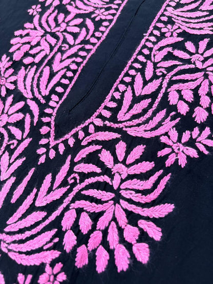 Shifa Soft Rayon Lucknowi Chikankari Kurti - Black Pink Color