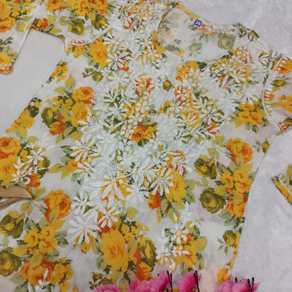 Aisha Mulmul Floral Printed Chikankari Handwork Kurti-  Yellow Colour