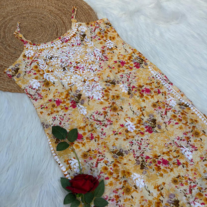 Hana Mulmul Chikankari Noodle Strap Short Kurti -Yellow colour (Length - 38")
