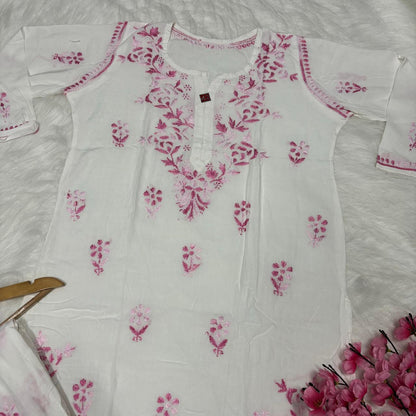 Aleena Rayon Chikankari Kurti Plazo Set - White Pink color