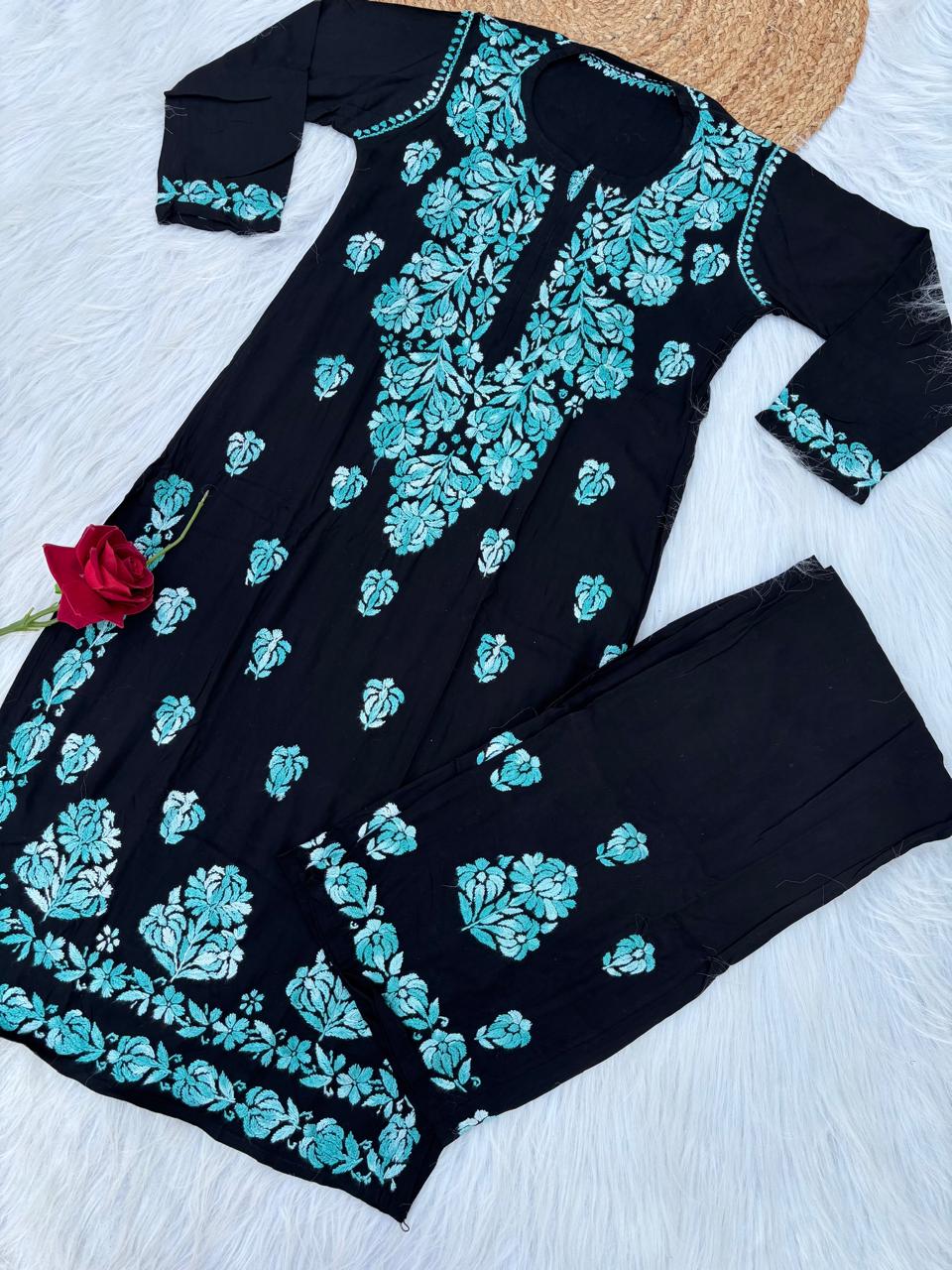 Rida Rayon Handwork Chikankari Kurti Set- Sea Green Colour