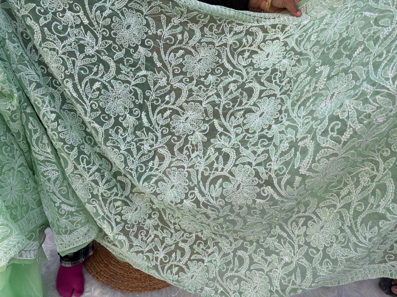 Shehnaz Georgette Full Jaal Saree with Unstitched blouse - Green Colour