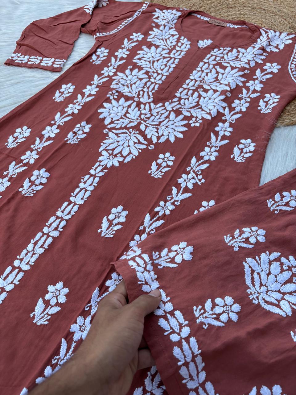 Samara Rayon Handwork Chikankari Kurti Plazo Set - Rush  Colour