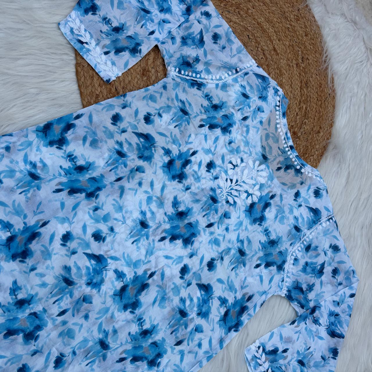 Aaliyah Mulmul Cotton Chikankari Kurti Set -Blue Colour