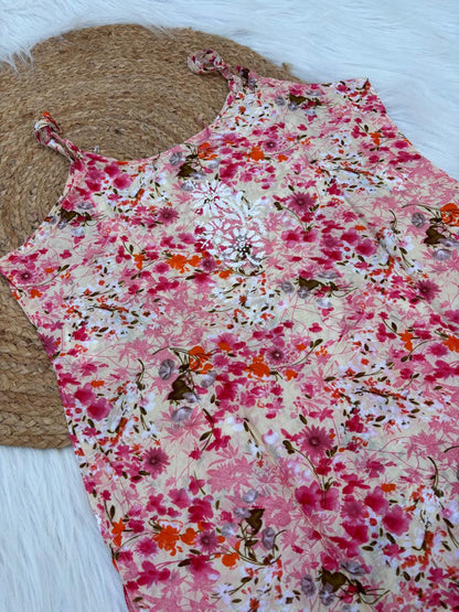 Hana Mulmul Chikankari Noodle Strap Short Kurti - Red colour (Length - 38")