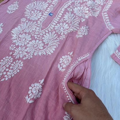 Isha Slub Cotton Chikankari Kurti - Blush colour