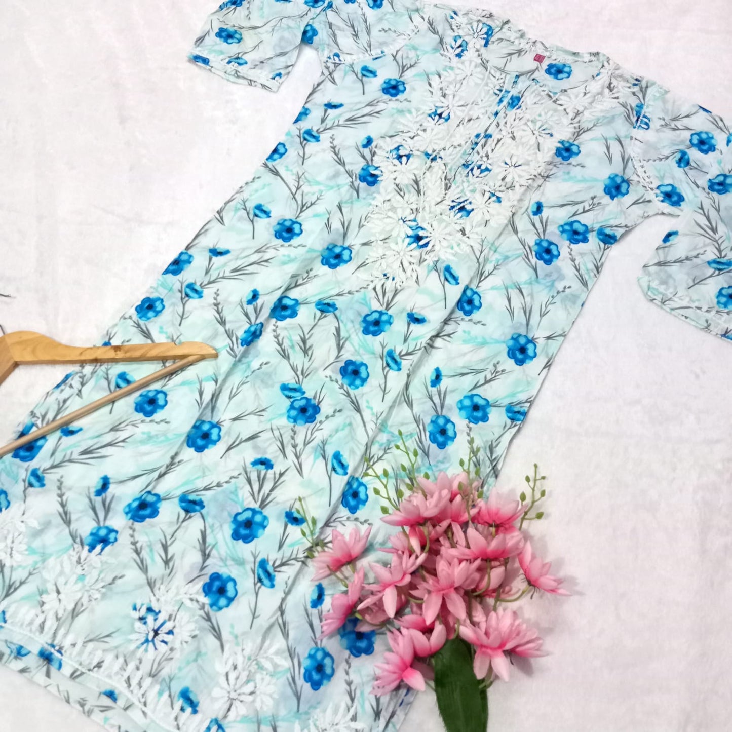 Pure Mulmul Cotton Chikankari Kurti With Floral Print -Blue Colour