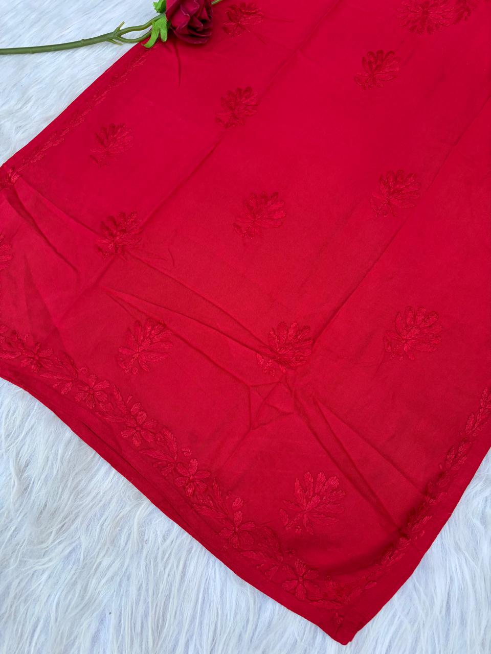 Rabab Dyeable Soft Rayon Handwork Chikankari Kurti -Red Colour