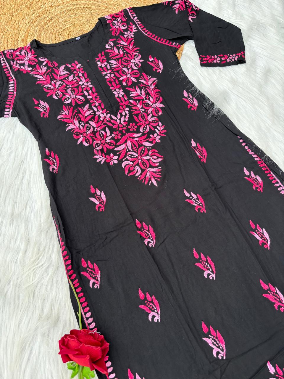 Shefrin Soft Rayon Lucknowi Handwork Chikankari Kurti - Pink Colour