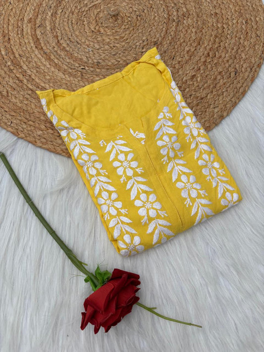 Zoobia Soft Rayon Handwork Chikankari Kurti - Yellow Colour