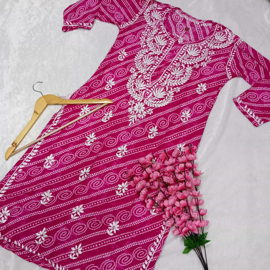 Falak Bandhani Print Rayon Chikankari Kurti -Pink Colour