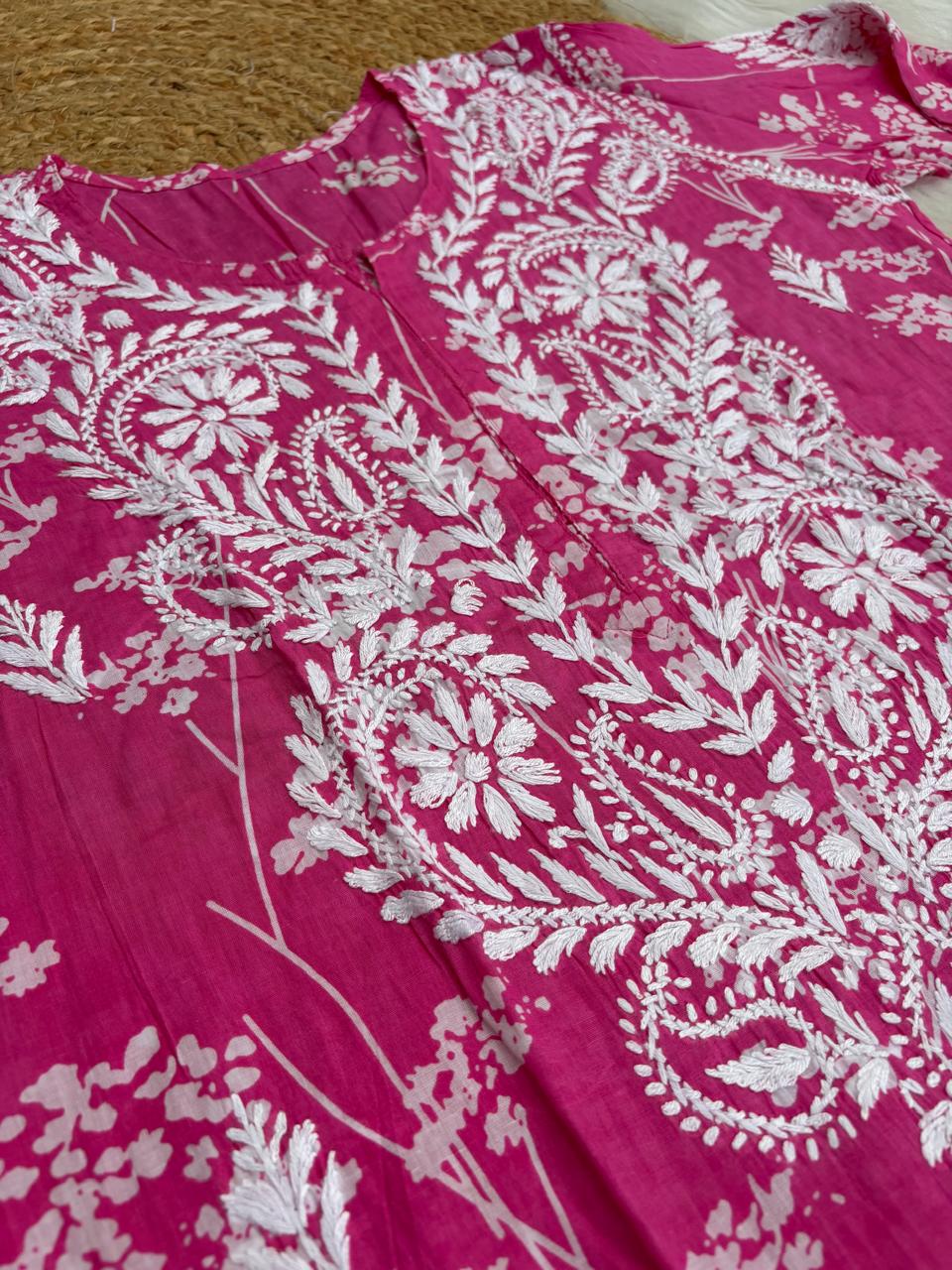 Jiya Mulmul Cotton Handwork Chikankari Kurti Set - Pink Colour