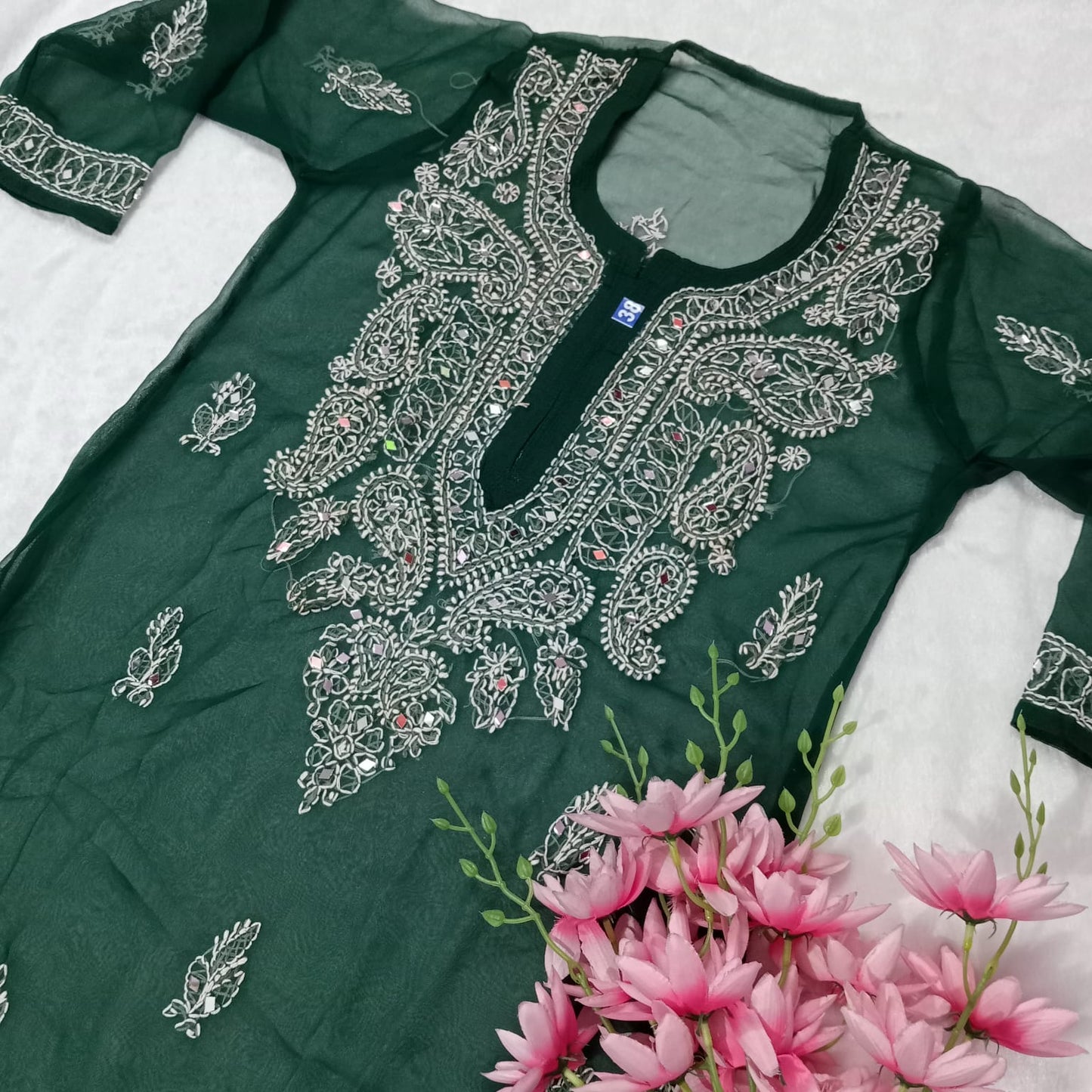 Georgette Mirror Work Chikankari Kurti With Inner- Dark Green Colour